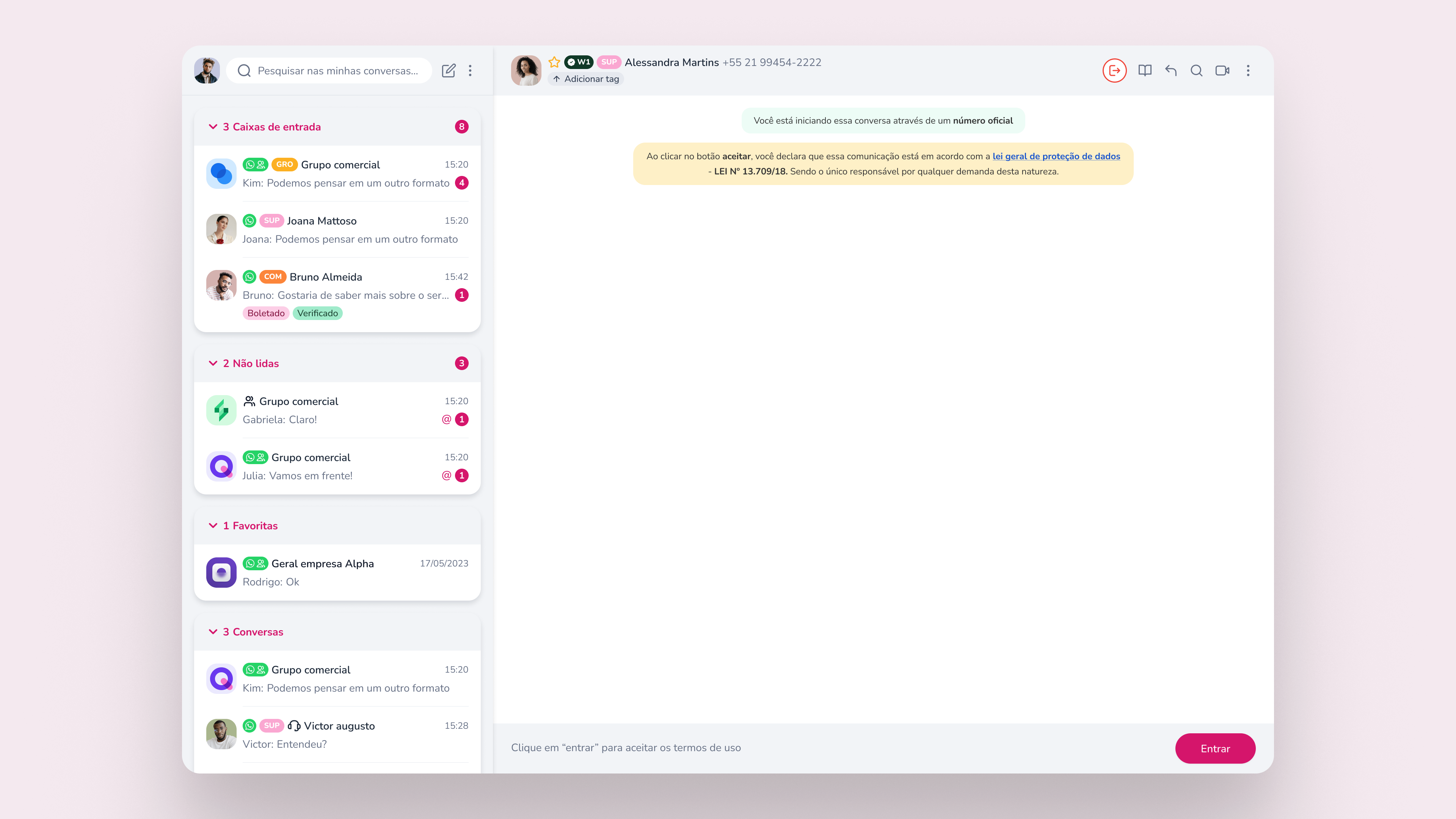 Conversa aberta aguardando o envio do primeiro template no Pink App