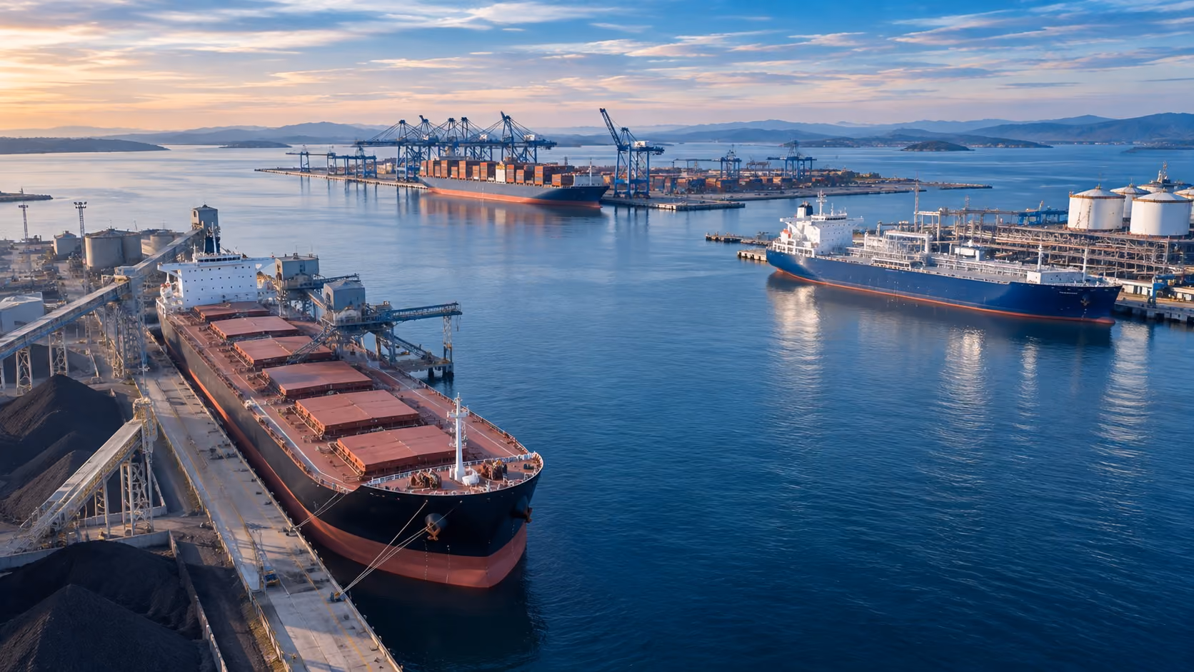 Colorful shipping containers stacked on cargo ship sailing near industrial port
