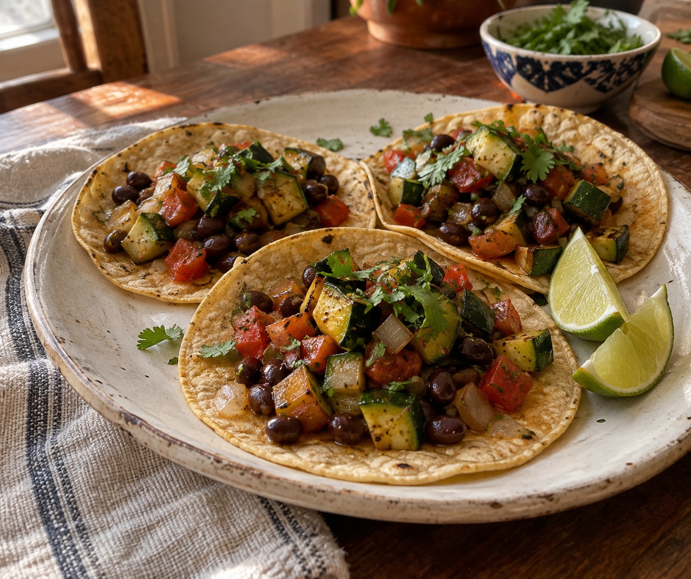 Colorful vegetable tacos with fresh herbs and lime
