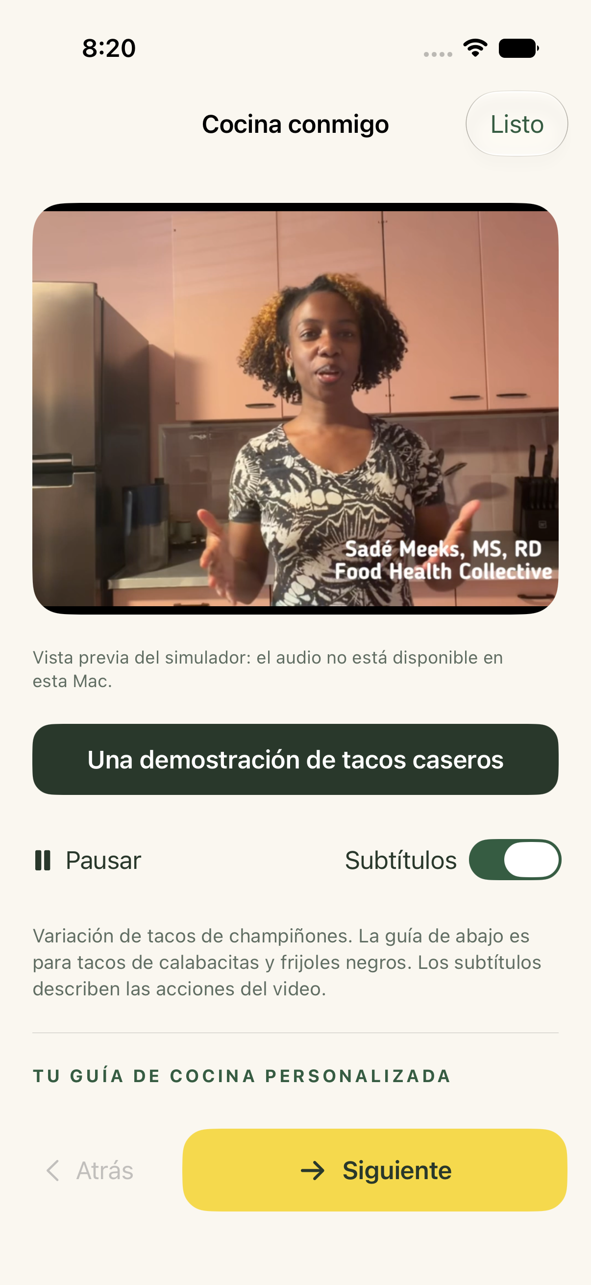 Spanish-language cooking guidance featuring Registered Dietitian Sadé Meeks