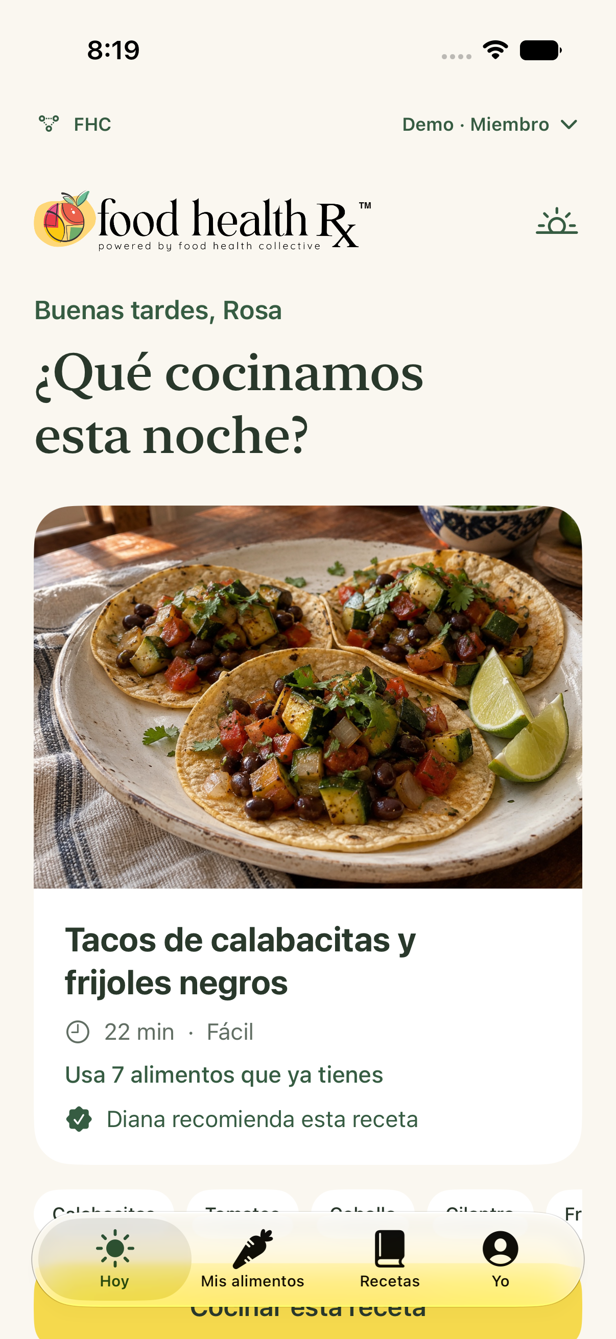 Food Health Rx personalized meal recommendation in Spanish