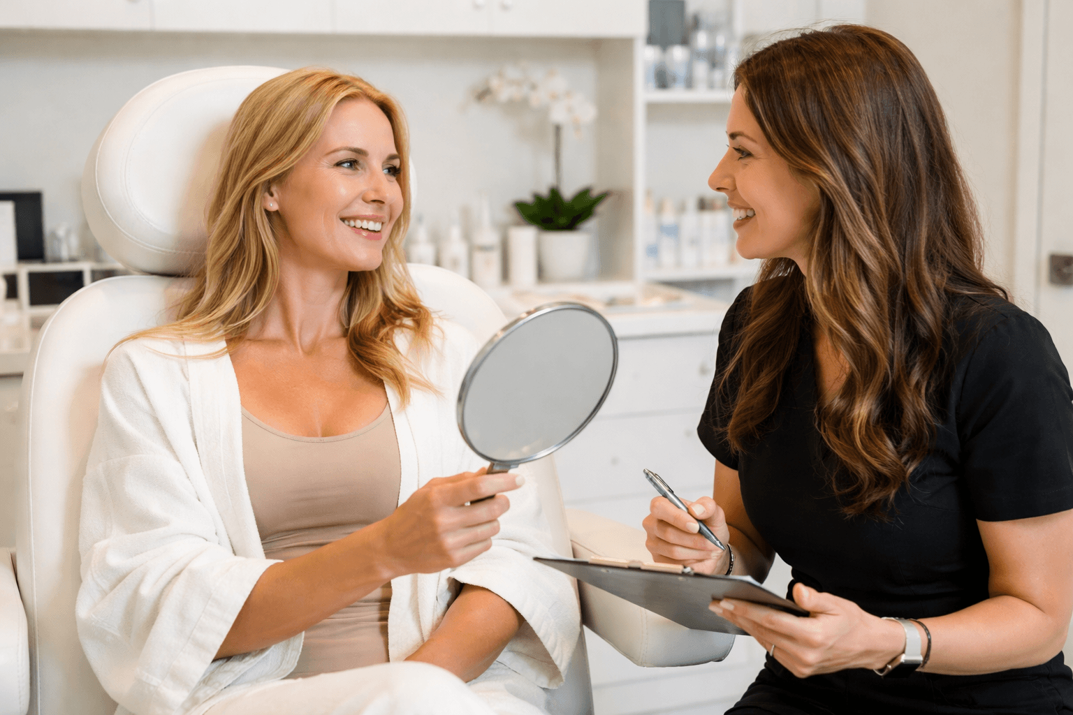 Consultation at a medspa in Baton Rouge, Louisiana discussing anti aging and cosmetic skin treatments