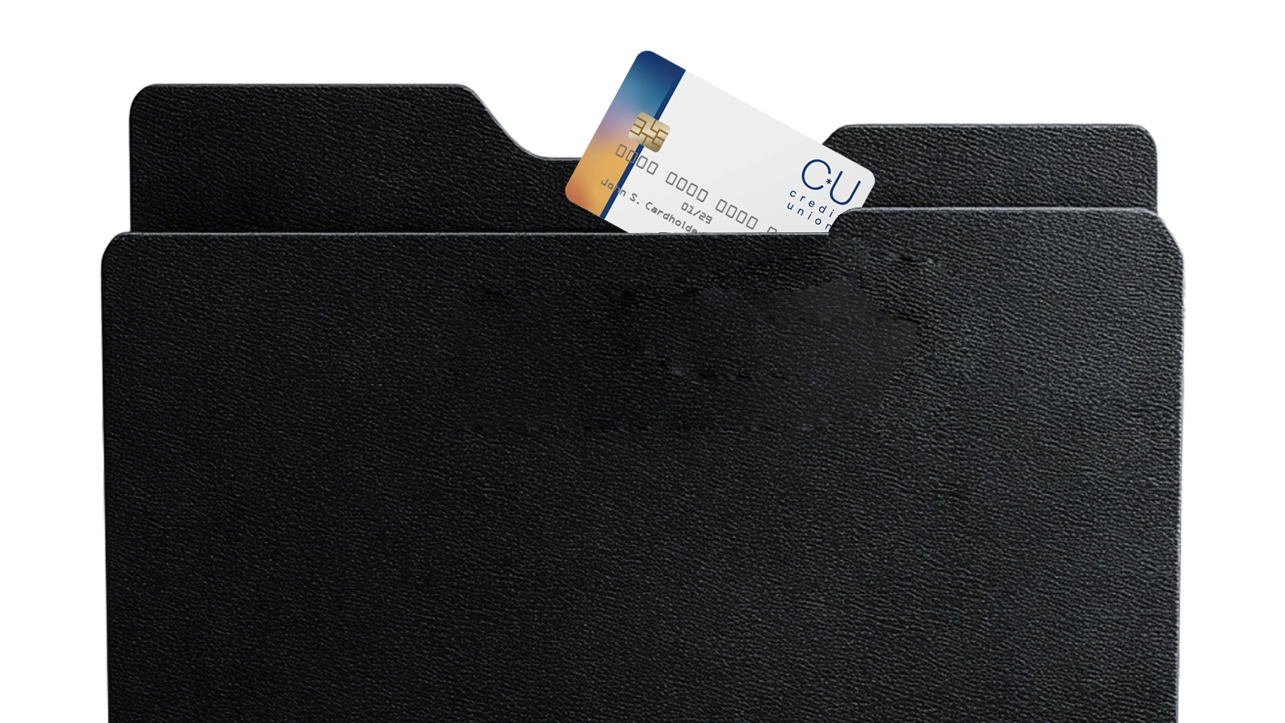 A black folder with a credit card sticking out of it.