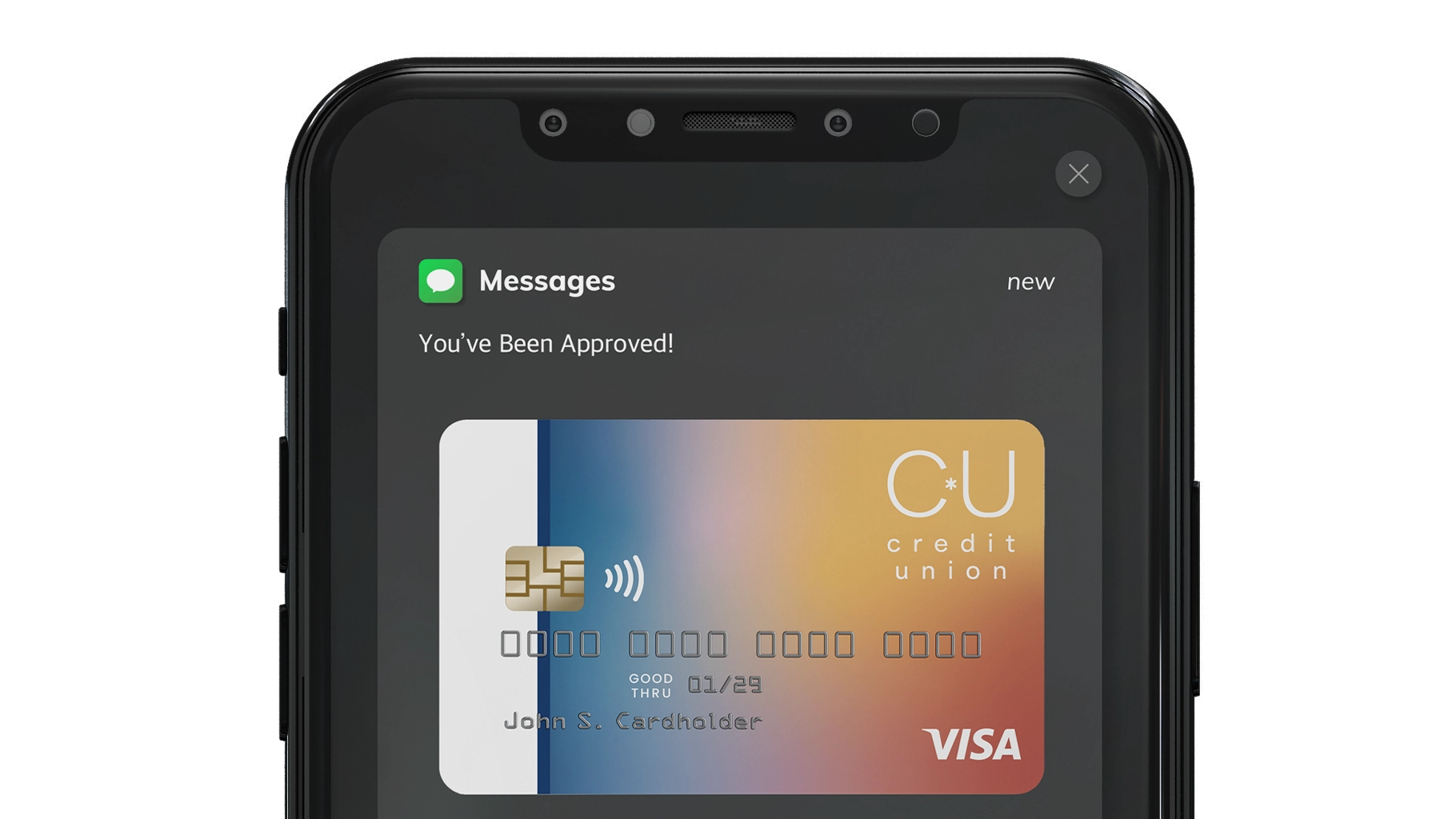 A mobile phone with a credit card on the screen.