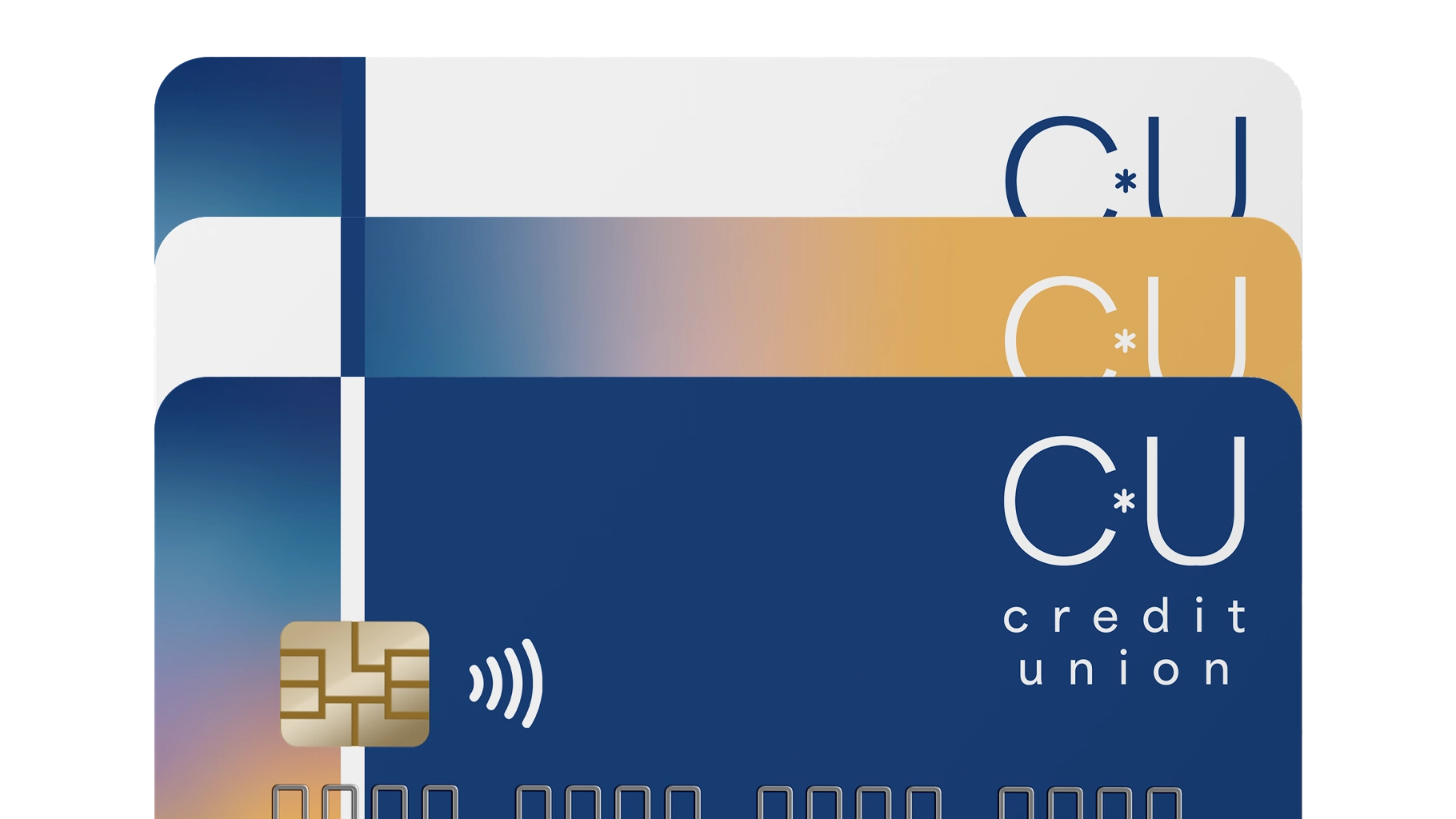 A credit card with a blue and white background.