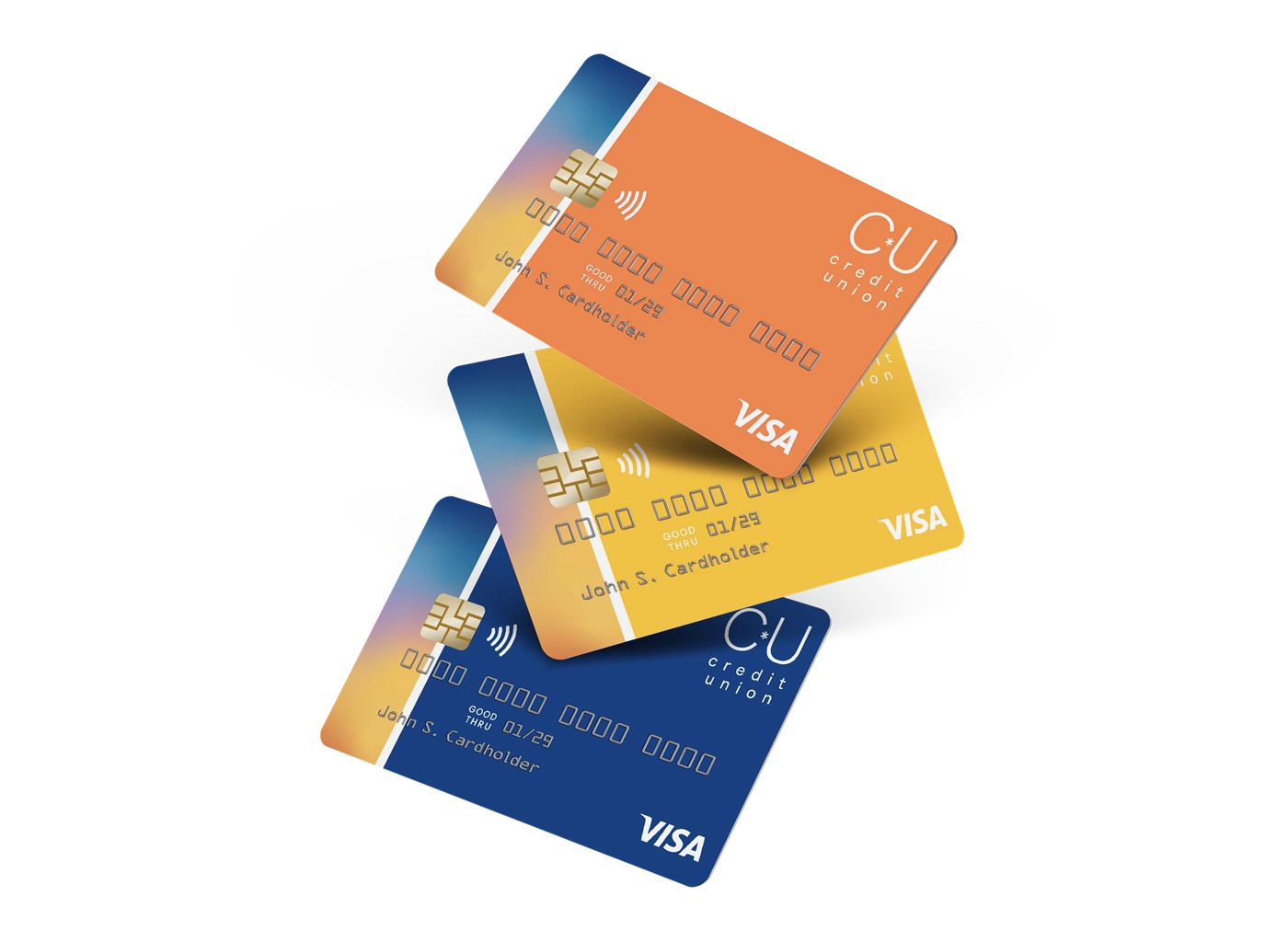 Three credit cards stacked on top of each other.