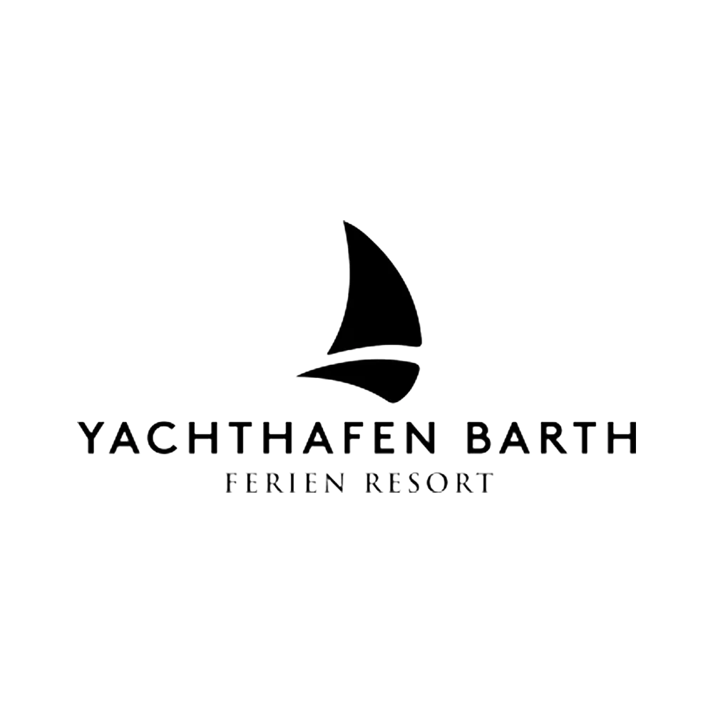 Logo eines Segelboots über dem Text ‚Yachthafen Barth Ferien Resort‘.