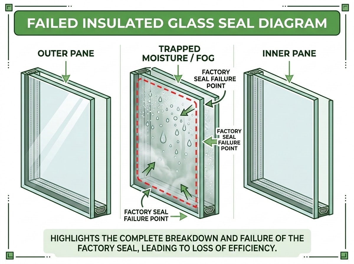 A detailed diagram showing a failed insulated glass seal on a sliding glass door. The diagram clearly illustrates three layers from left to right: Outer Pane, Trapped Moisture / Fog in the middle space, and Inner Pane on the right, highlighting the complete breakdown and failure of the factory seal.