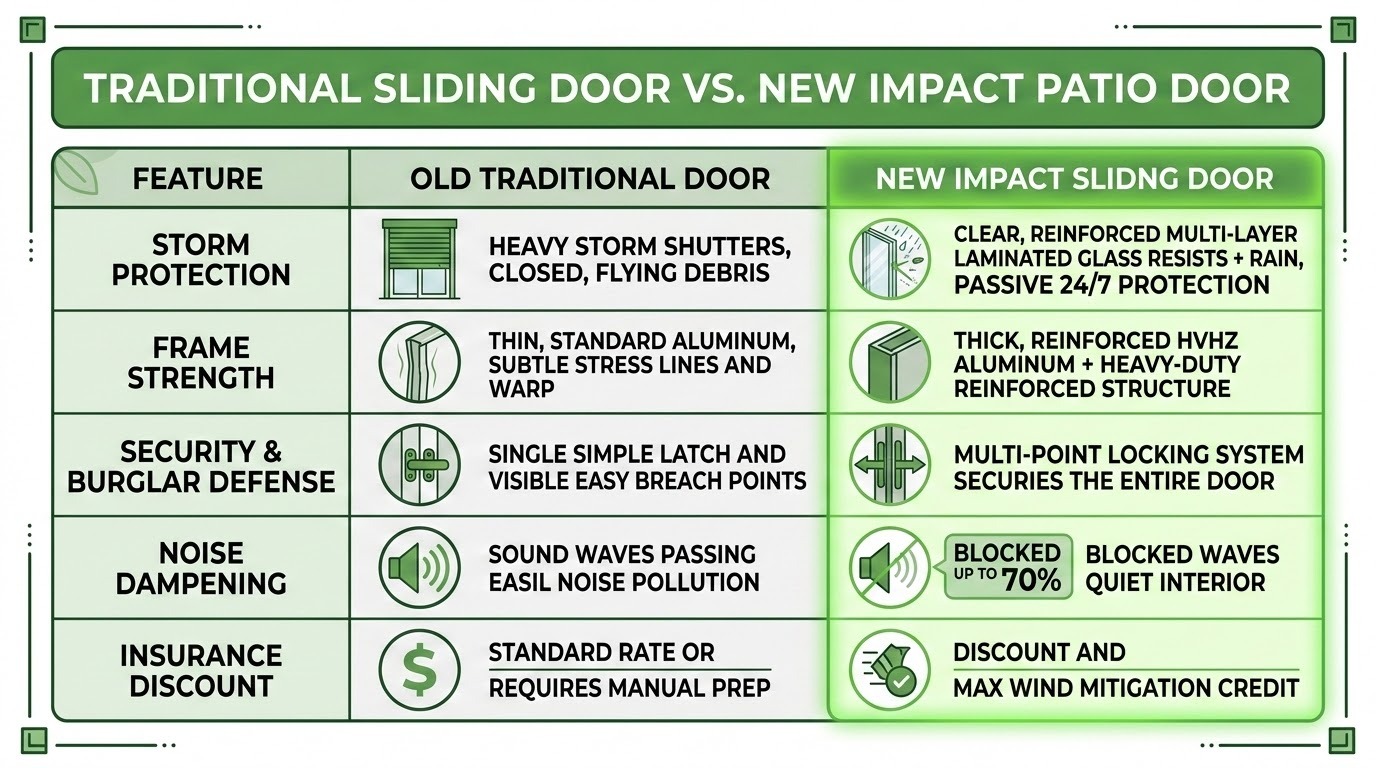 An infographic diagram matching the style and green color palette of the previous document diagrams, comparing Traditional Sliding Doors versus New Impact Patio Doors across five key areas: Storm Protection, Frame Strength, Security & Burglar Defense, Noise Dampening, and Insurance Discount. The diagram highlights the advantages of New Impact Patio Doors.