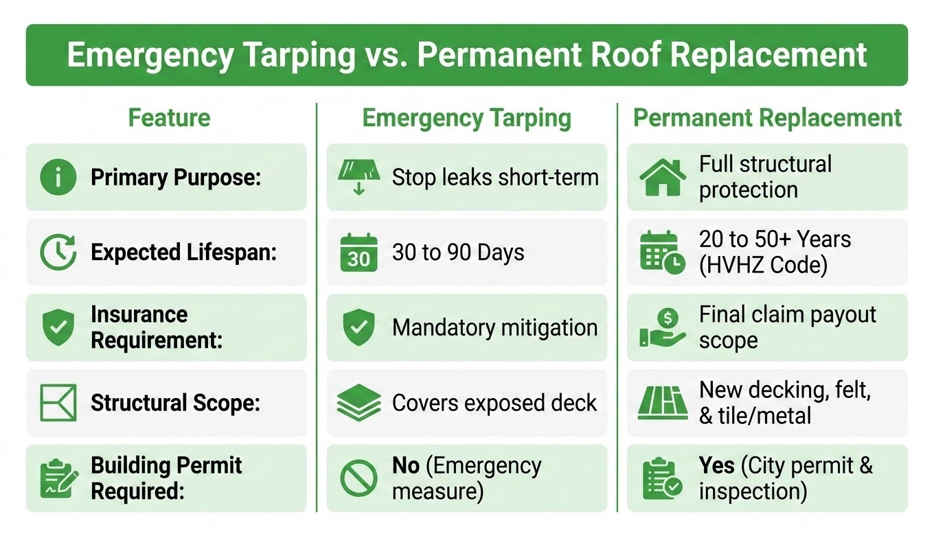 An infographic visual table comparing Emergency Roof Tarping vs Permanent Roof Replacement. Modern, clean graphical design using a color palette of green (#48a942) and white. Header row in solid green with crisp white text: 'Emergency Tarping vs. Permanent Roof Replacement'. Subheaders for 'Feature', 'Emergency Tarping', and 'Permanent Replacement'. Rows cleanly styled with alternating white and light green tinted cards or borders displaying: 'Primary Purpose: Stop leaks short-term vs Full structural protection', 'Expected Lifespan: 30 to 90 Days vs 20 to 50+ Years (HVHZ Code)', 'Insurance Requirement: Mandatory mitigation vs Final claim payout scope', 'Structural Scope: Covers exposed deck vs New decking, felt, & tile/metal', 'Building Permit Required: No (Emergency measure) vs Yes (City permit & inspection)'.