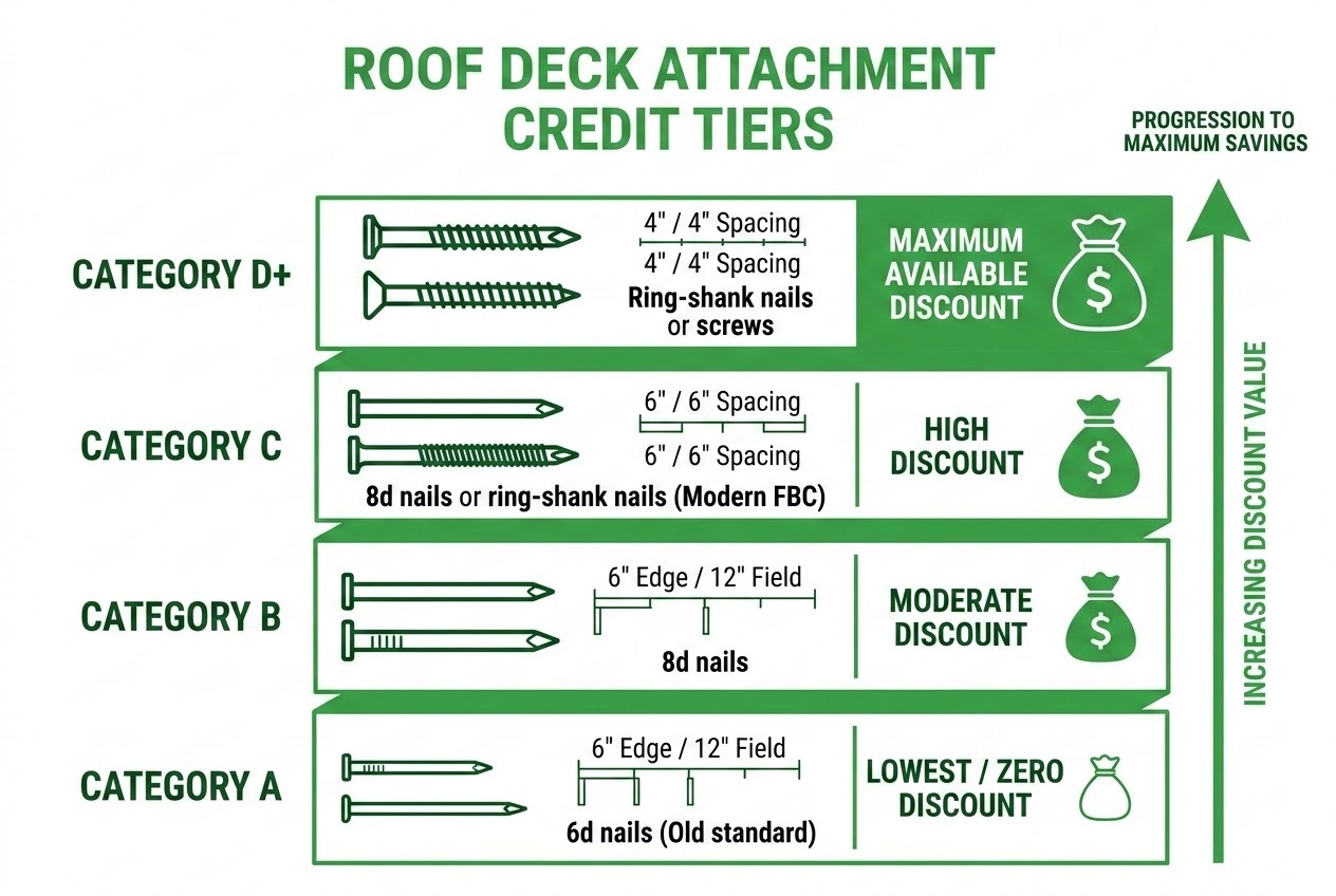 A clean, modern graphic diagram illustrating the Roof Deck Attachment Credit Tiers table. Designed using a green color (#48a942) and white palette. The diagram clearly shows four rating tiers: Category A (6d nails, 6/12 spacing, lowest/zero discount), Category B (8d nails, 6/12 spacing, moderate discount), Category C (8d or ring-shank nails, 6/6 spacing, high discount for modern FBC), and Category D+ (Ring-shank nails 4/4 or screws, maximum available discount). Highlighting the progression from lowest to maximum discount with clean typography and visual structures.