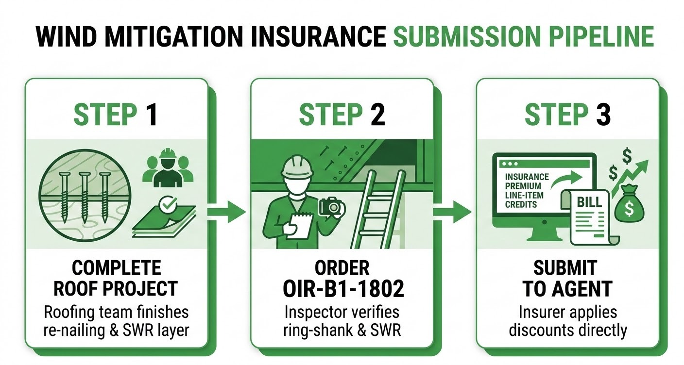 A clean, modern graphic diagram illustrating the Wind Mitigation Insurance Submission Pipeline. Designed using a green color (#48a942) and white color palette matching the style of the previous roof deck attachment graphic. The diagram presents a step-by-step process flow with 3 clear sequential stages: Step 1: Complete Roof Project (Roofing team finishes re-nailing & SWR layer), Step 2: Order OIR-B1-1802 (Inspector verifies ring-shank & SWR), and Step 3: Submit to Agent (Insurer applies discounts directly). Clean modern typography, directional arrows connecting the stages, and structured visual cards using green accents and white backgrounds.