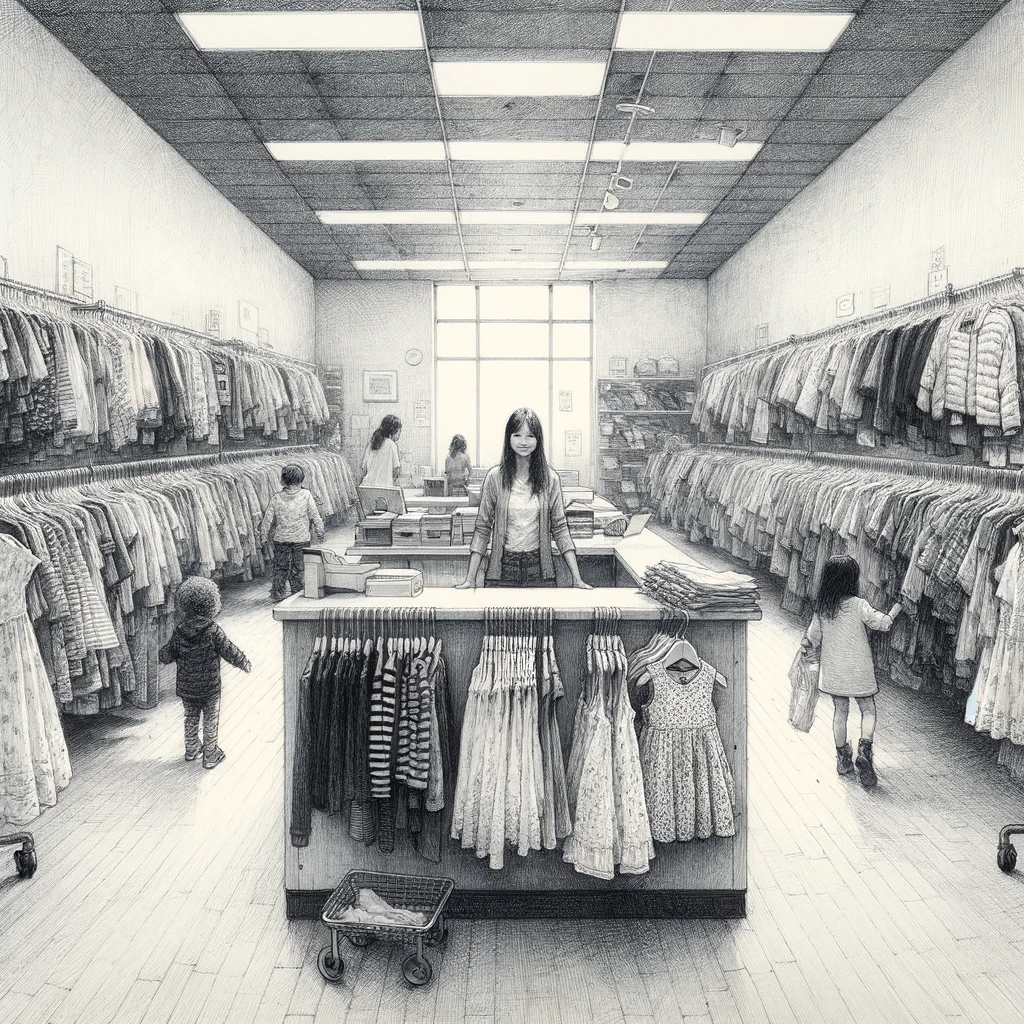 A smiling young woman employee stands in the middle of a small store at a checkout desk with many papers. Children and parents browse racks of clothing, books, and toys in the store surrounding.