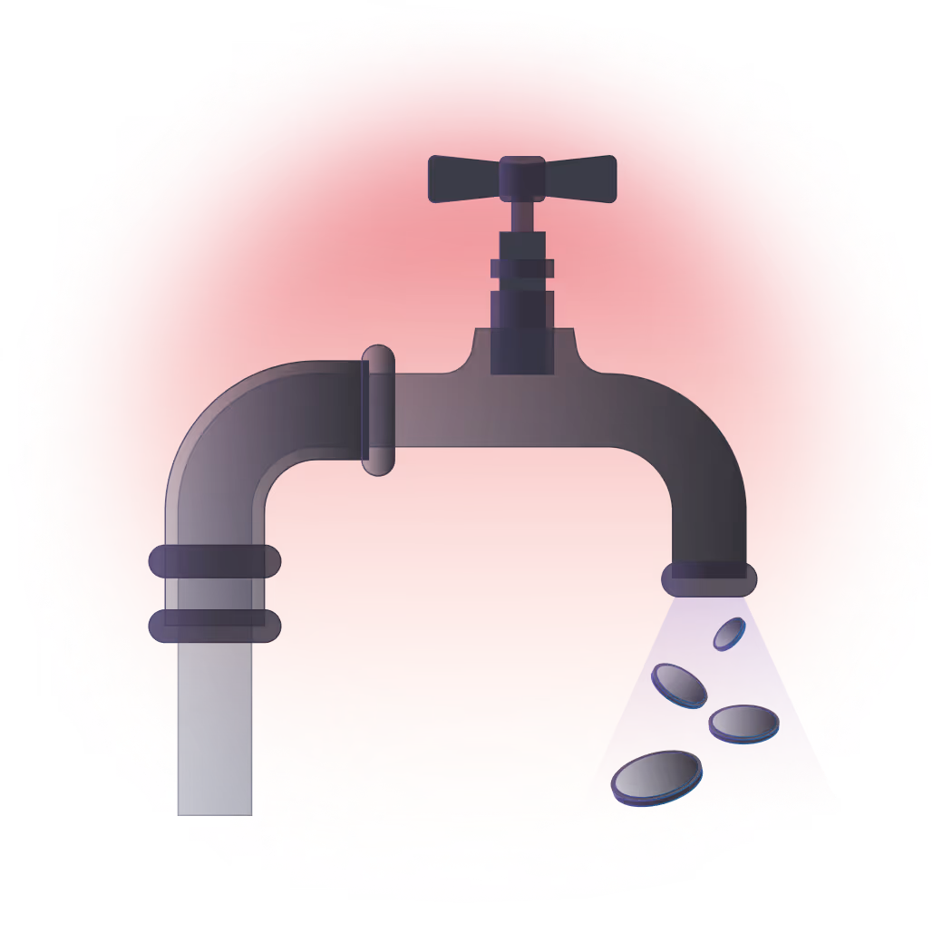 Purple faucet image showing four tokens dripping from the faucet tap against a pink gradient background