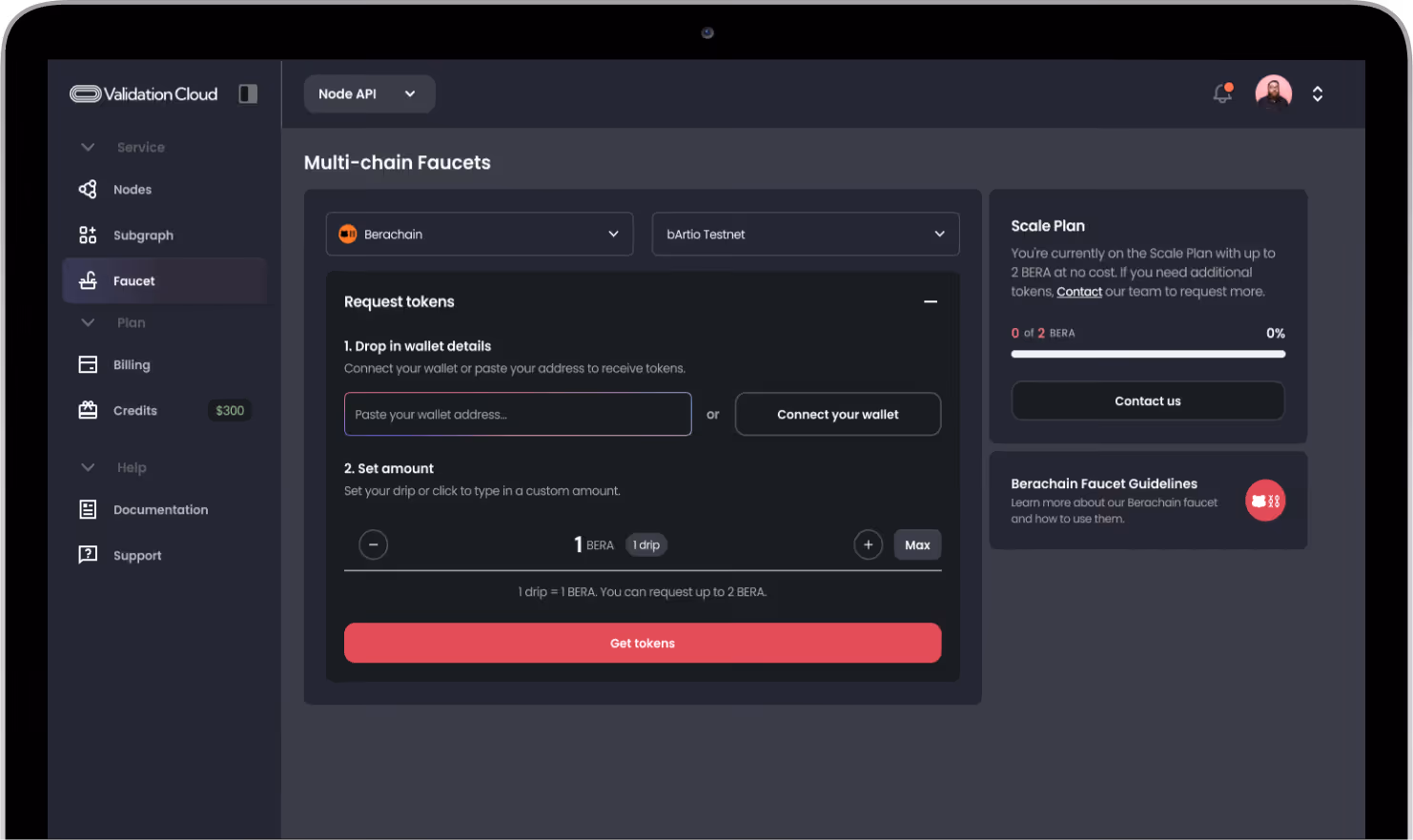 Image within a laptop screen showing how the Berachain faucet works. Video shows the Validation Cloud Node API platform.