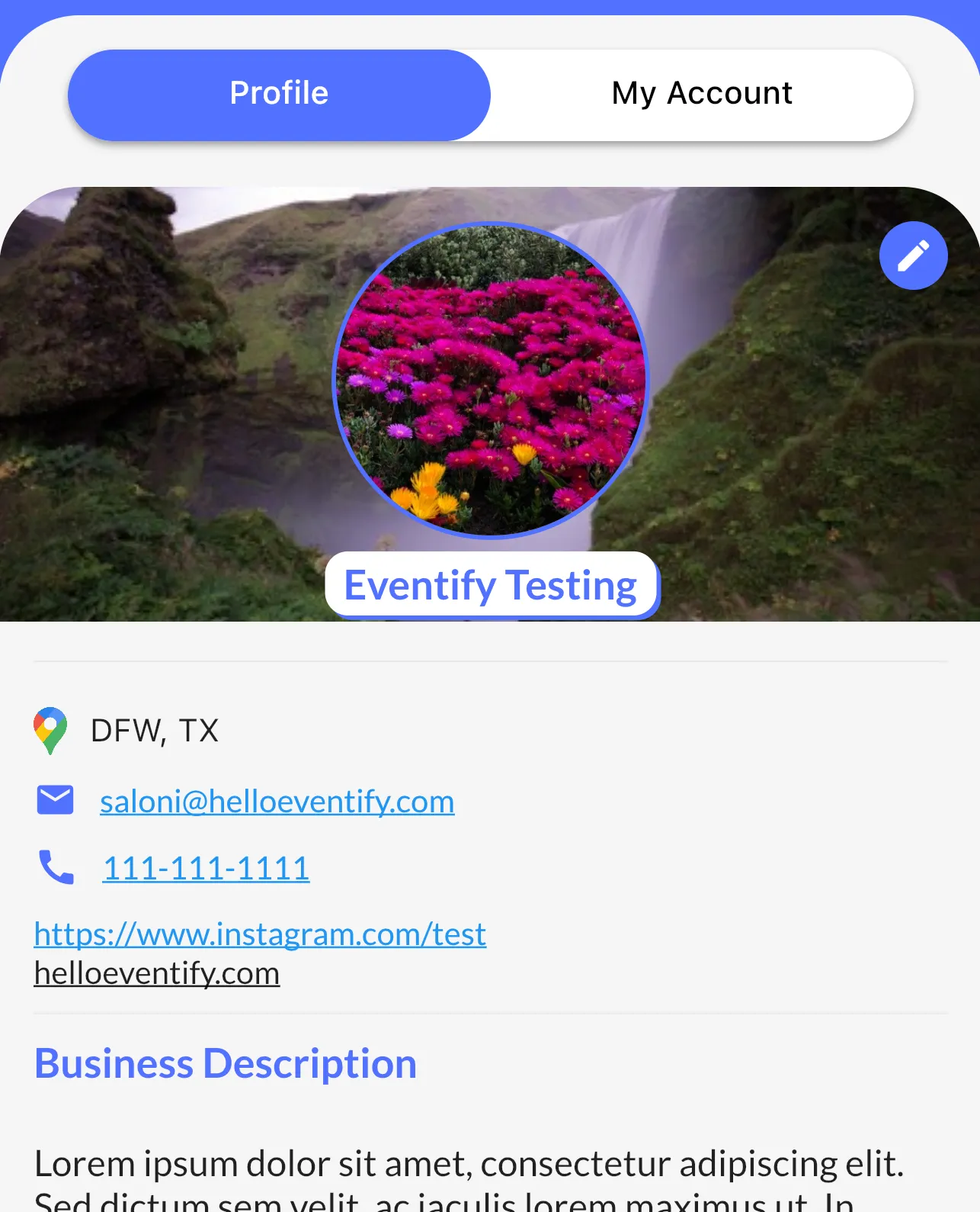 User profile screen with landscape background, circular photo of vibrant pink and yellow flowers, and contact details for Eventify Testing.