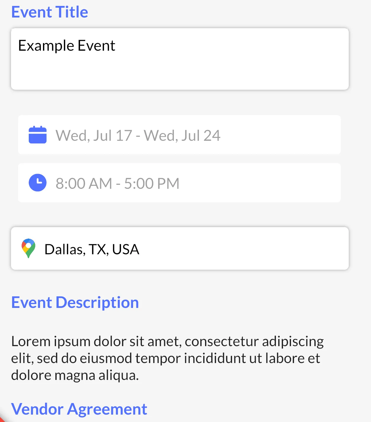 Event creation form with title 'Example Event', date range Wed, Jul 17 - Wed, Jul 24, time 8:00 AM - 5:00 PM, location Dallas, TX, USA, and sample event description text.