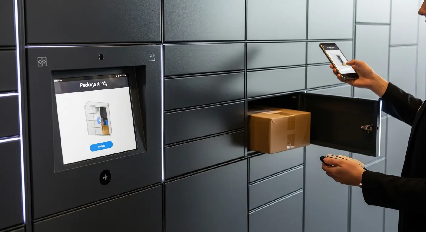 Person uses a smartphone app to unlock a smart access system, demonstrating how smart lockers or property entry work.