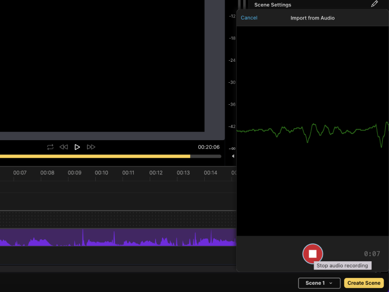 It takes time to go to a voice recording app, record your voice, and then upload the recording to the editor. In Scenery, you can do the audio recording right in the editor which keeps you moving quickly and speeds up your time to video completion.