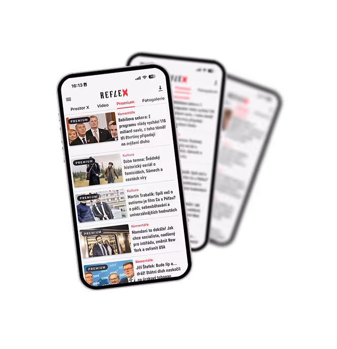 Smartphone screen displaying the Reflex news app with headlines and premium content labels.