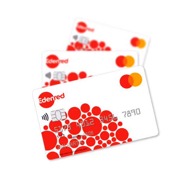 Three Edenred Mastercard payment cards featuring red circular patterns on a white background.