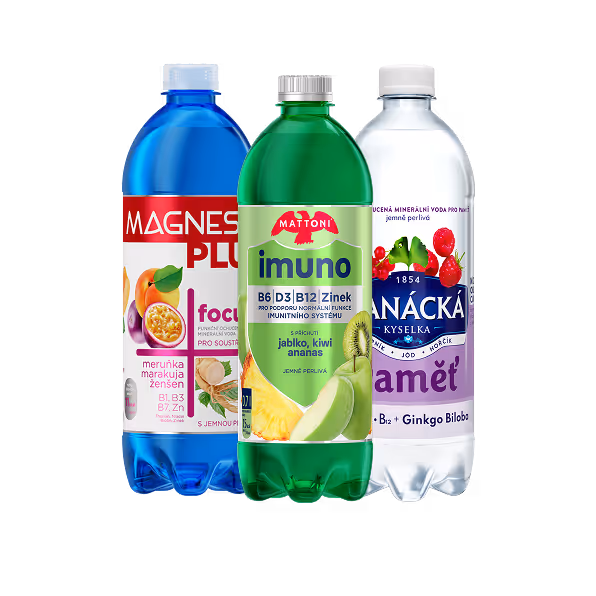 Three bottles of Mattoni mineral water with different flavors: blue bottle with apricot and passion fruit, green bottle labeled Imuno with apple, kiwi, and pineapple, and clear bottle with cherry flavor.