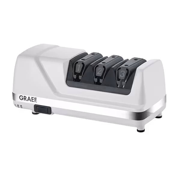 Graef electric knife sharpener with three numbered sharpening slots 1, 2, and 3 in white and black.