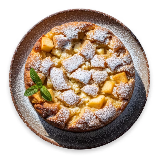 Round apple crumble cake dusted with powdered sugar and garnished with fresh mint leaves on a brown ceramic plate.