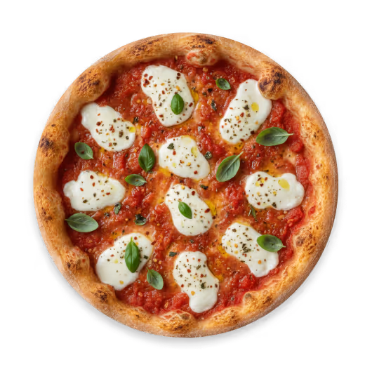 Margherita pizza topped with tomato sauce, melted mozzarella slices, fresh basil leaves, and a golden-baked crust.
