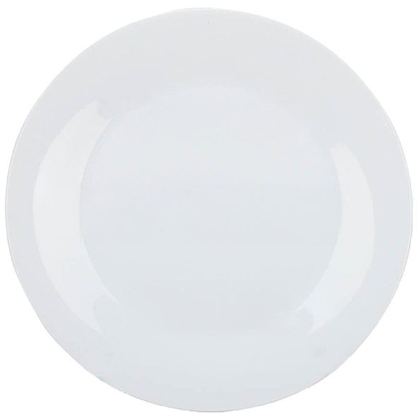 Plain white round ceramic plate with a glossy finish.