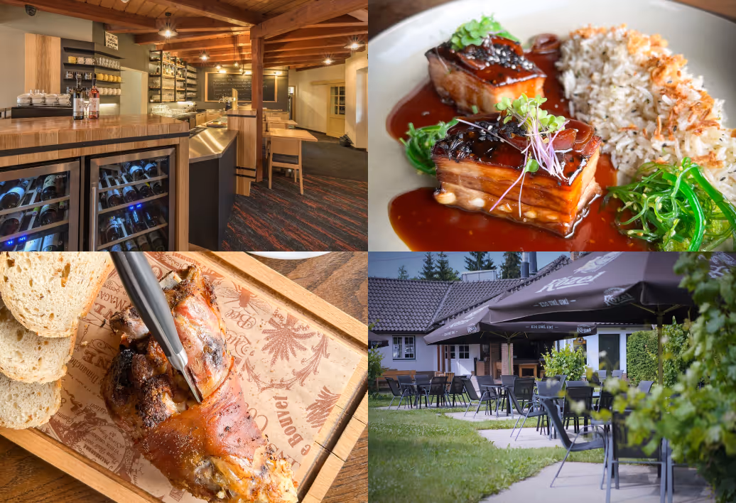 Collage of four images showing a cozy restaurant interior with wooden beams and a stocked wine cooler, a gourmet dish with glazed pork belly and rice, a roasted pork knuckle on a wooden board with sliced bread, and an outdoor patio with tables and large umbrellas in front of a building.