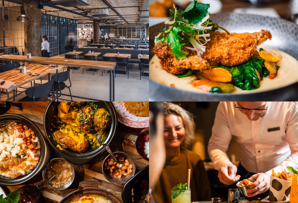 Collage of four images: modern empty restaurant interior, close-up of crispy fried dish with greens on plate, overhead view of various cooked dishes in bowls, and a waiter serving food to a smiling woman at a table.