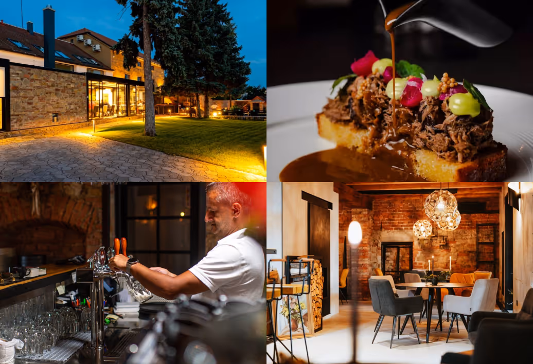 Collage showing an outdoor view of a warmly lit building at dusk, a close-up of gourmet food with sauce being poured, a bartender pouring beer from taps, and a cozy dining area with modern chairs and hanging lights.