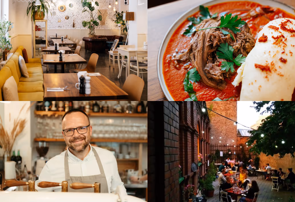 Collage of four images: modern restaurant interior with wooden tables and yellow seating, close-up of a dish with shredded meat in red sauce garnished with parsley and a side of mashed potatoes, smiling male barista wearing glasses and apron behind coffee machine, and an outdoor patio with people dining under string lights beside brick walls.