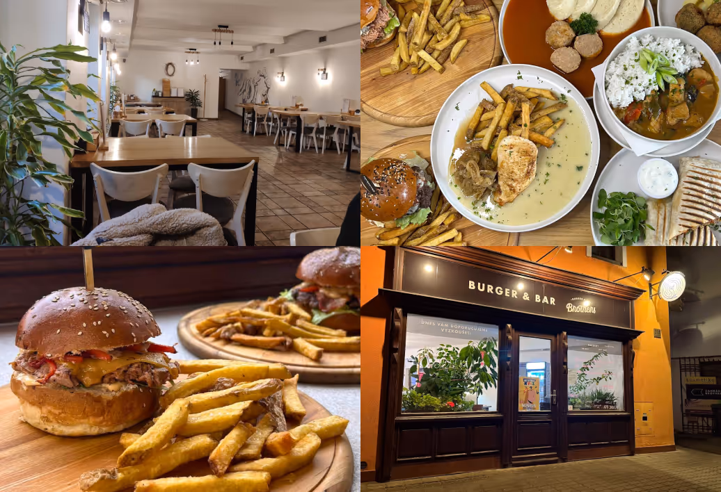Collage of four images: a cozy restaurant interior with wooden tables, various dishes including burgers, fries, grilled chicken, and rice, and the exterior of Burger & Bar Brothers at night.