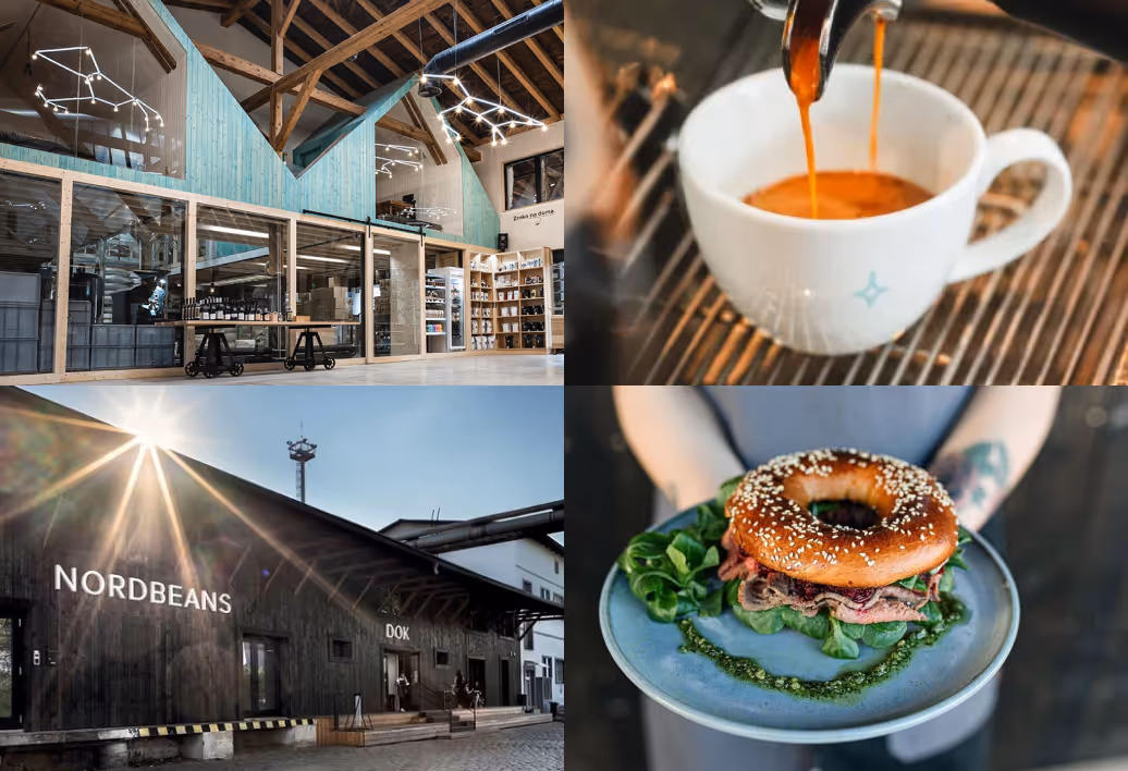 Collage showing a modern coffee roastery interior, espresso pouring into a white cup, a building labeled Nordbeans Dok with sun glare, and a person holding a plate with a sesame bagel sandwich and greens.
