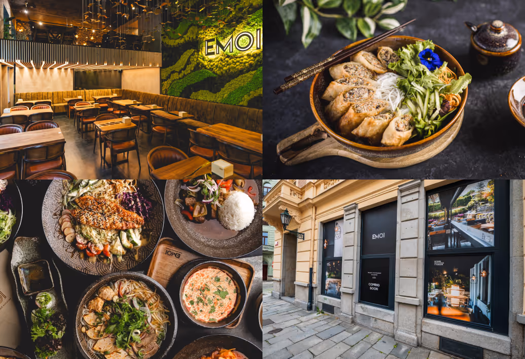 Collage showing an empty modern restaurant interior with wood tables and chairs, a bowl of fresh spring rolls and greens with chopsticks, various plated Asian dishes including grilled fish, rice, and noodles, and the exterior of a building with EMOI signage and 'coming soon' notices.