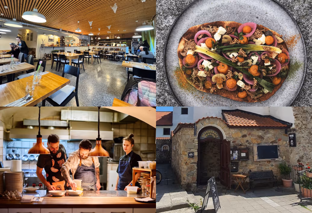 Collage of four images showing a modern restaurant interior, a gourmet flatbread pizza with vegetables and cheese, three chefs preparing food in a kitchen, and a rustic stone restaurant entrance with outdoor seating.