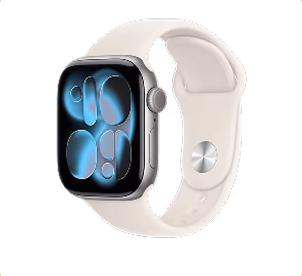 Silver smartwatch with a white band showing a blue abstract watch face on the screen.