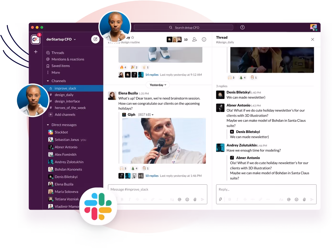 Slack-Workspace der DerStartupCFO-Community mit Kanälen und Thread-Diskussion