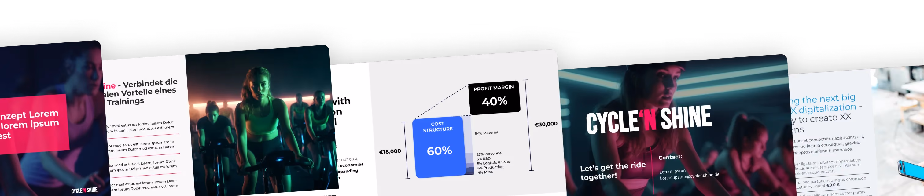 Schräg angeordnete Pitchdeck-Folien mit Kostenstruktur, Profit Margin und Titelfolie