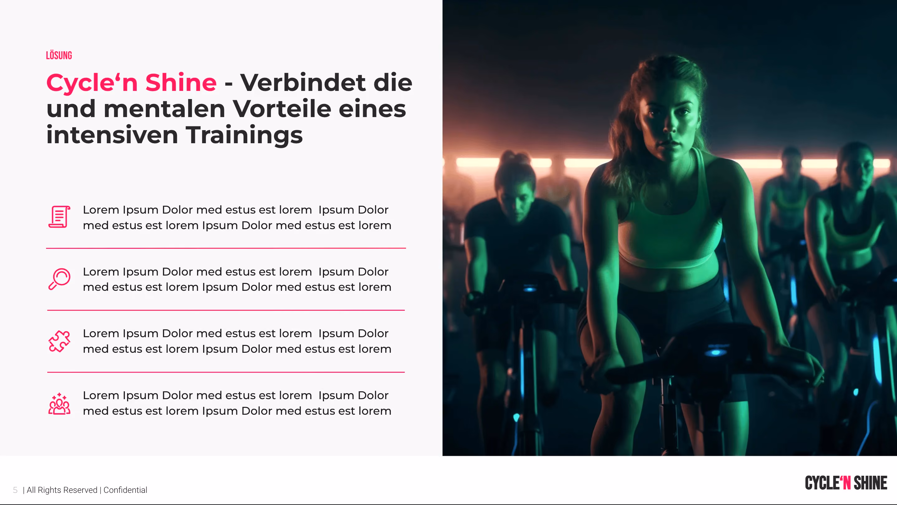 Pitchdeck-Folie Lösung mit Indoor-Cycling-Kurs und vier Nutzenpunkten