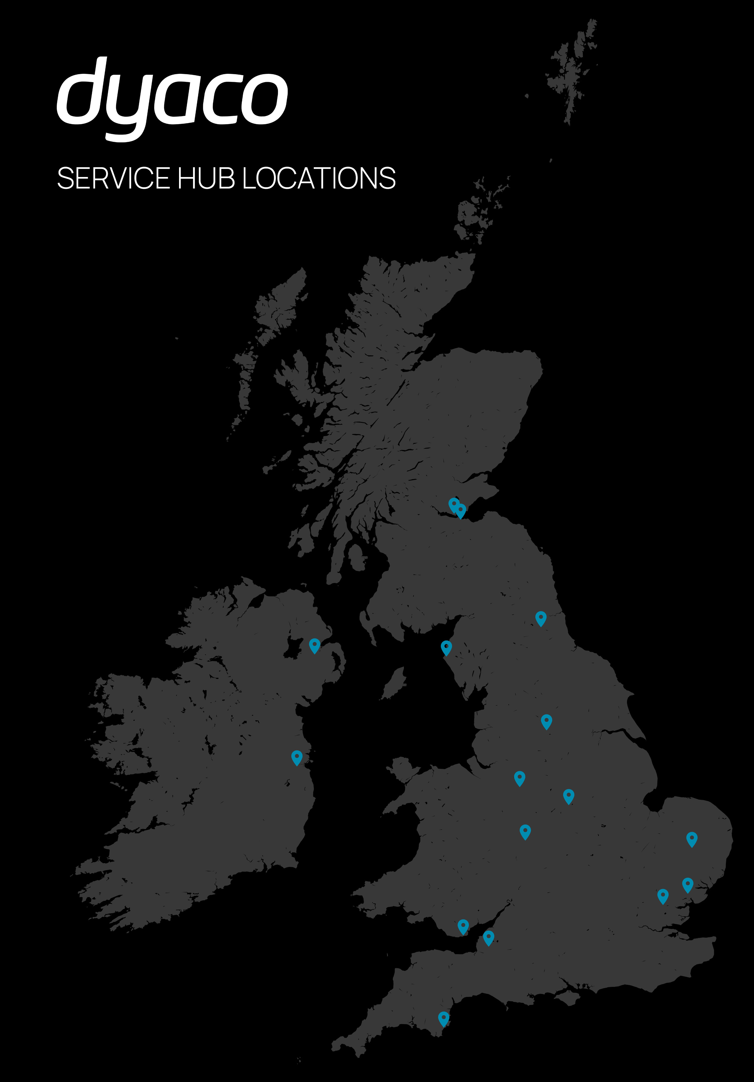A map of the UK showing Dyaco UK's service hubs 