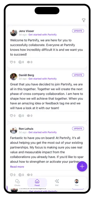 Partnify mobile app — Feed screen
