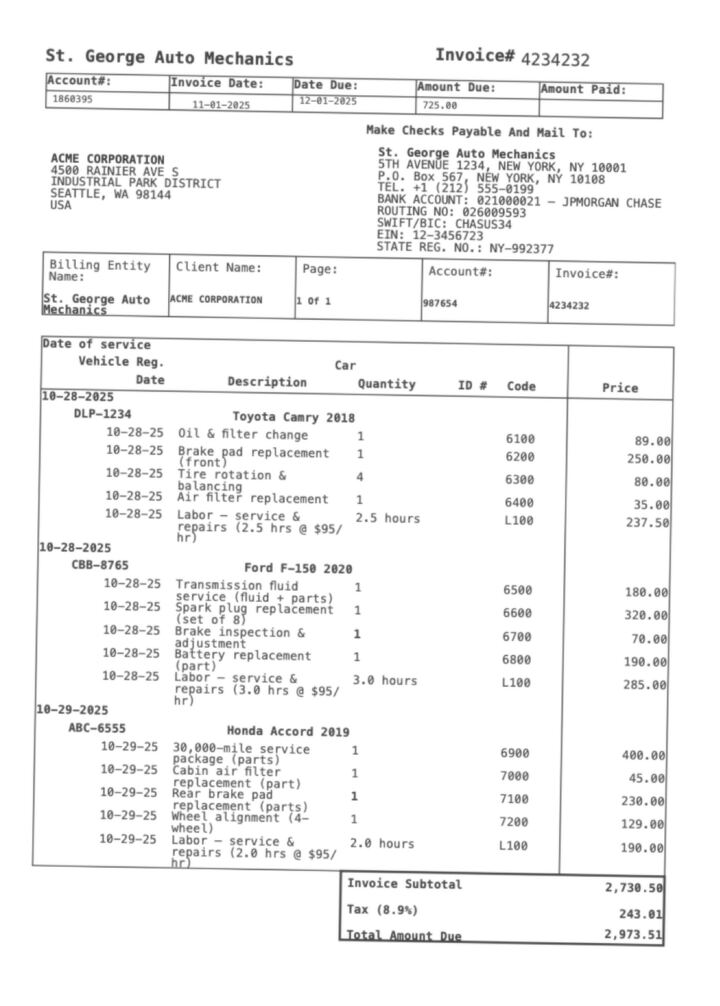 St. George Auto Mechanics invoice — 3 vehicles, 14 line items, footer totals