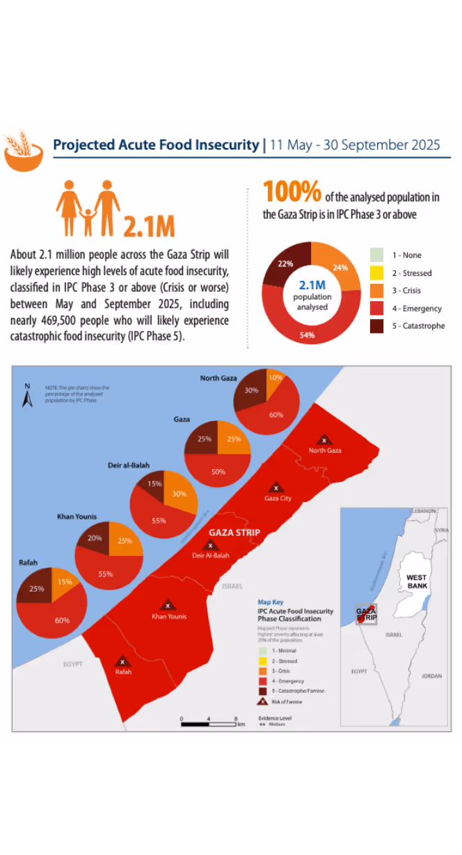 Gaza Strip: Acute food insecurity situation for 1 April - 10 May 2025 and projection for 11 May - 30 September 2025 : IPC - Integrated Food Security Phase Classification IPC Portal.