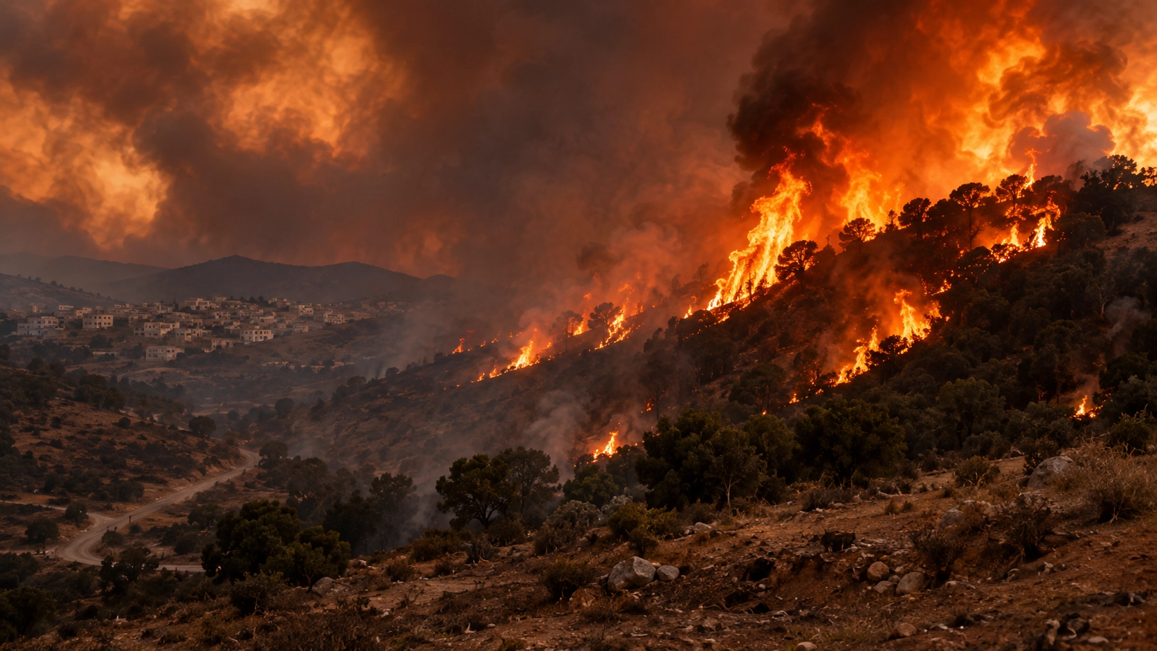 Colline calcinée descendant vers la mer après les incendies dans le nord-est de l’Algérie