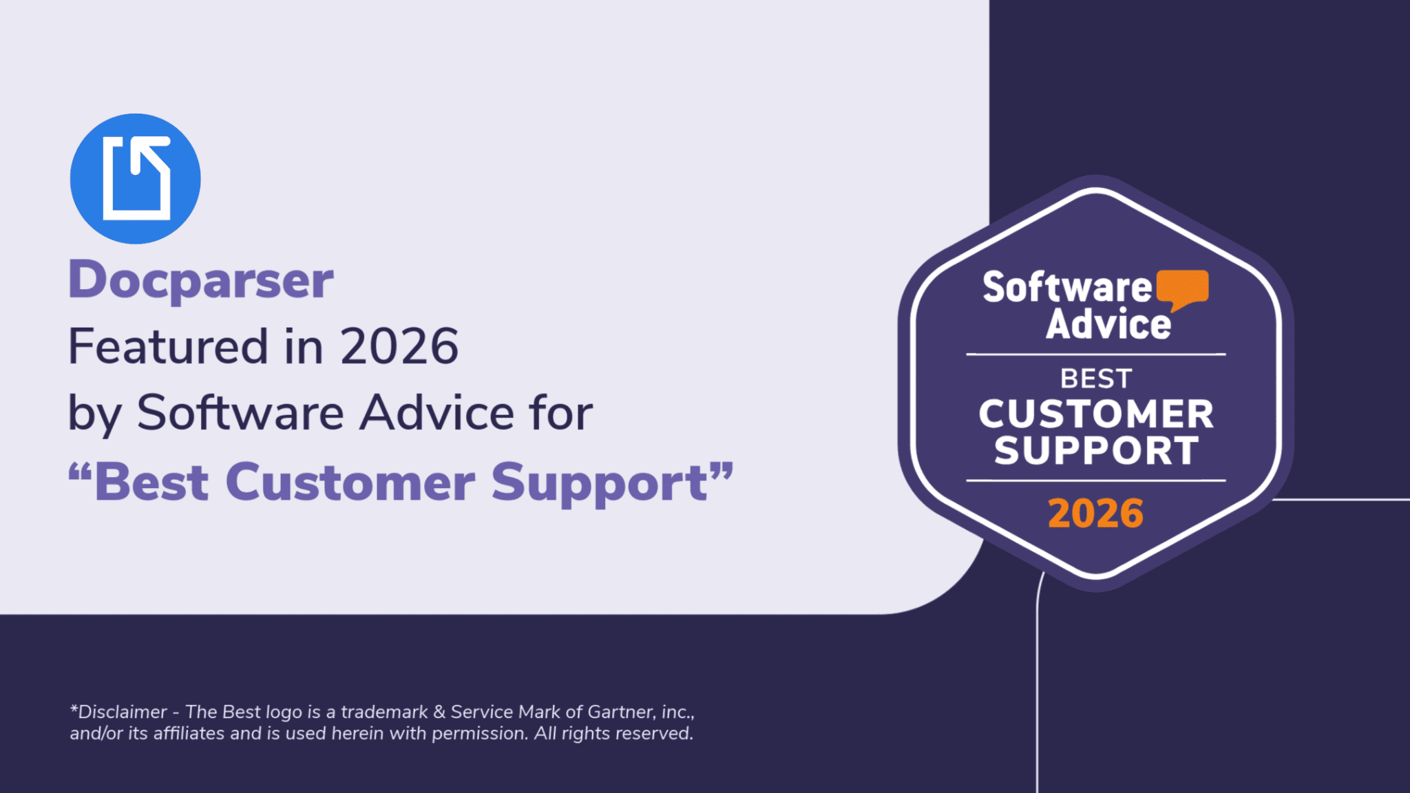 Docparser Awarded "Best Customer Support" by Software Advice.