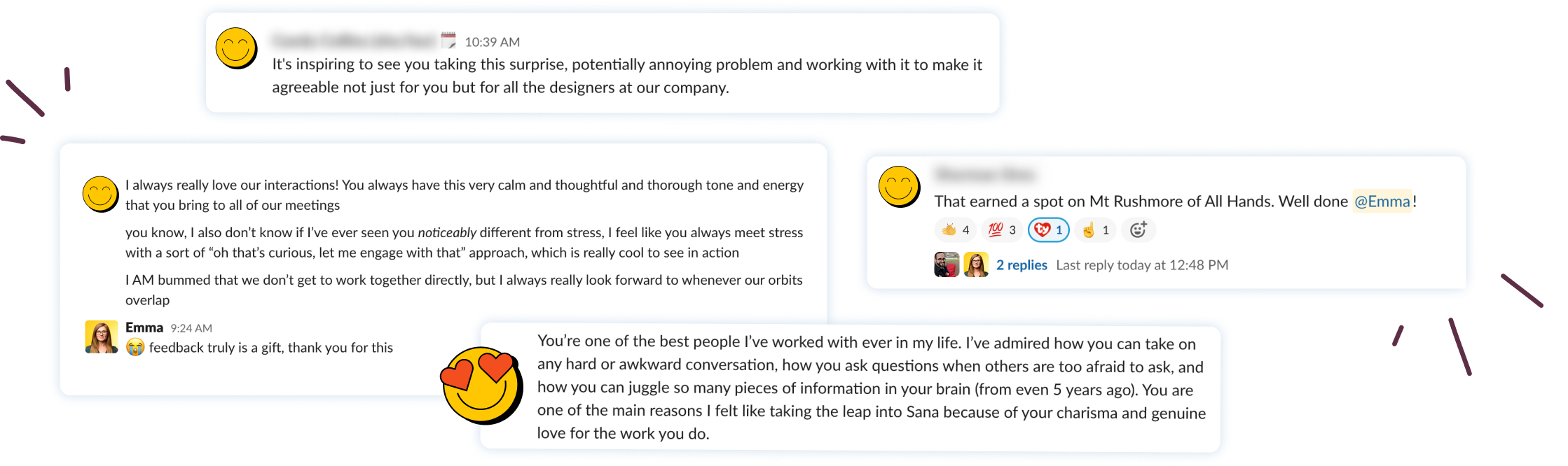 Screenshots of slack messages from Emma's coworkers that highlight her strengths in presentation, curiosity, managing stress, and overall rapport.