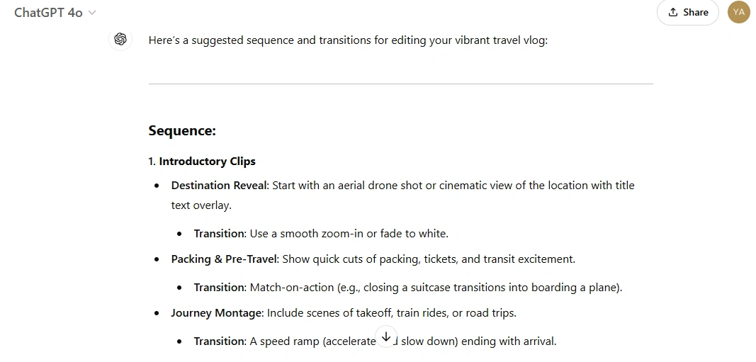 ChatGPT's suggested video editing sequence for a travel vlog.